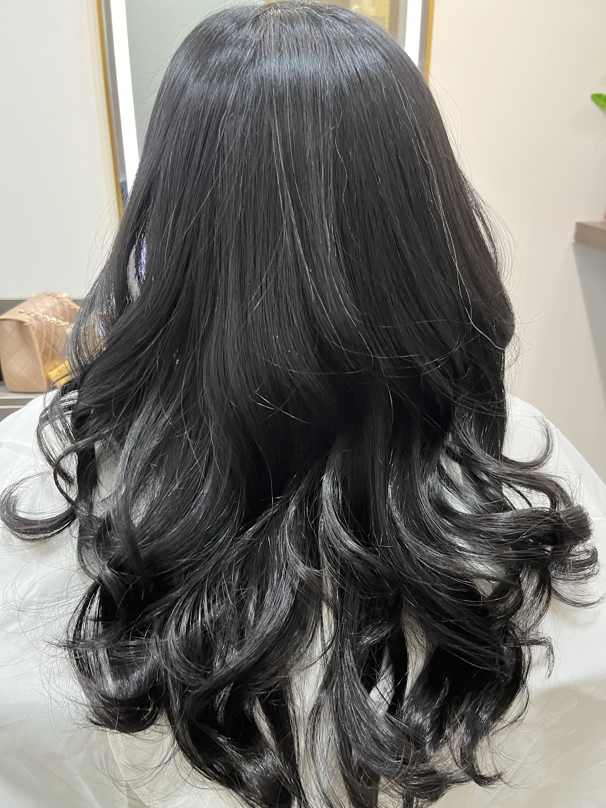 Long glossy black hair finished with soft curls, photographed from behind